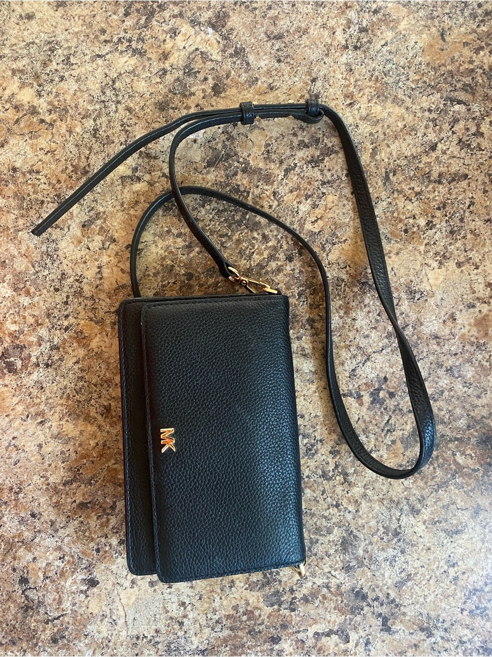 Michael Kors Black Pebbled Leather Crossbody Wallet with Gold MK Hardware